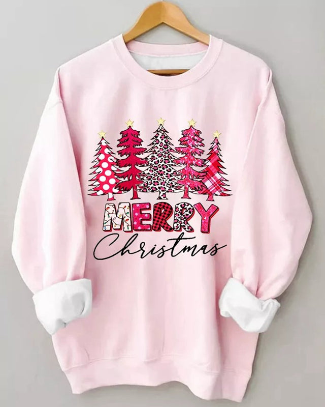 Christmas Tree Pink Print Casual Crewneck Sweatshirt